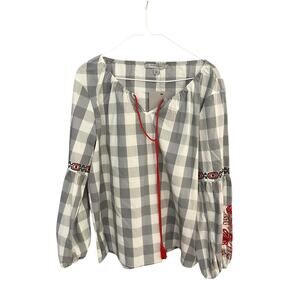 Andrew Marc Women's L Grey red floral embroidery gingham plaid top NWT